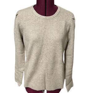 STITCHES & STRIPES Heathered Crew Neck Long Puff Sleeve Sweater Oatmeal Tan XL